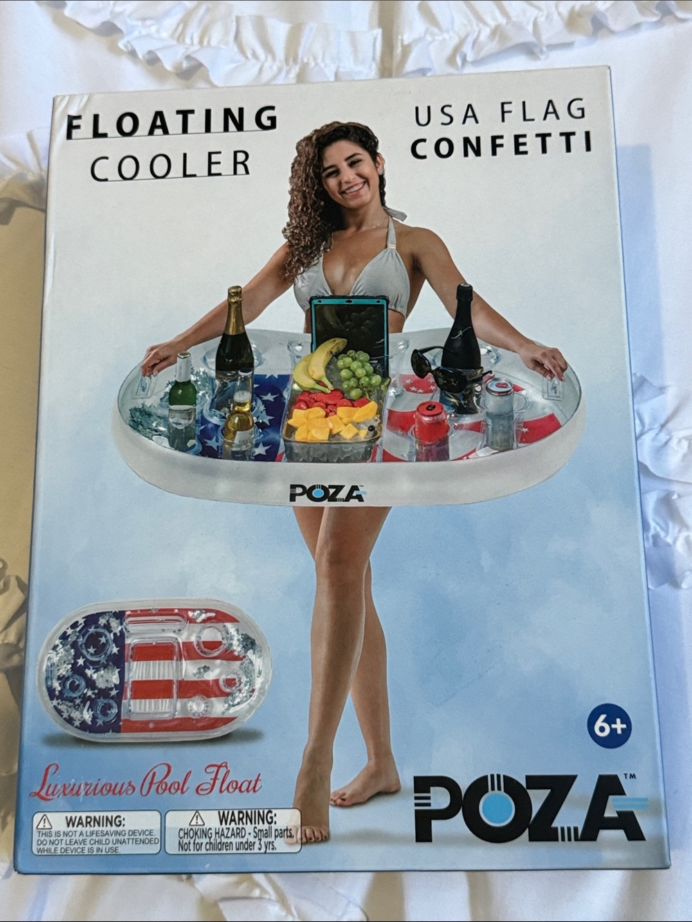 White USA Flag Confetti Floating Cooler - Inflatable Pool Party Float